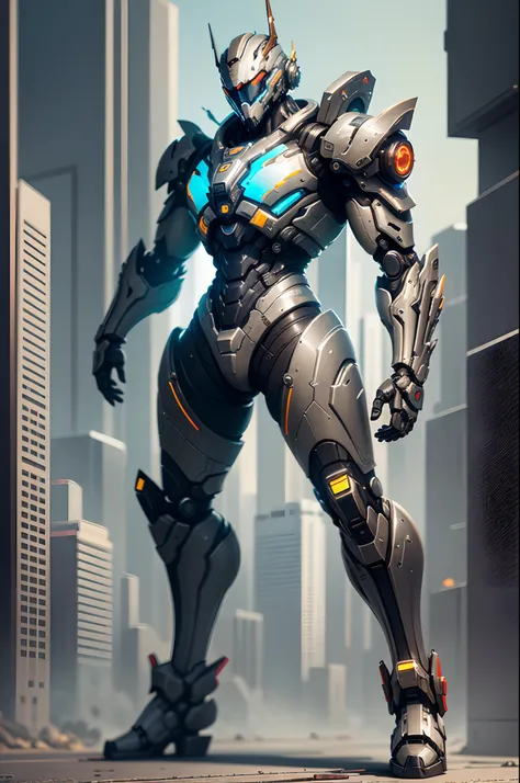 wearing a mechanical suit, Mechanical wonder, Cyberpunk, Cybernetic Guardian, futuristic armor, full body, front pose, intricate (steel metal [rust]), joints, warframe style, cyborg, male