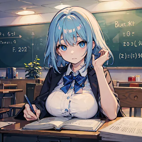 Beautiful woman　Studying　Focused face　on desk　Inside the café　By morning　发光　Morning view　Test Preparation　Pupils　blue hairs　Studying Mathematics　Colossal tits　Beautiful eyes that seem to be sucked in