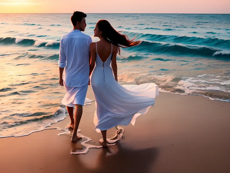 A guy and a girl walking along the ocean at sunset, The girl is wearing a long half-dawn white dress, dark long hair, that develop in the wind;