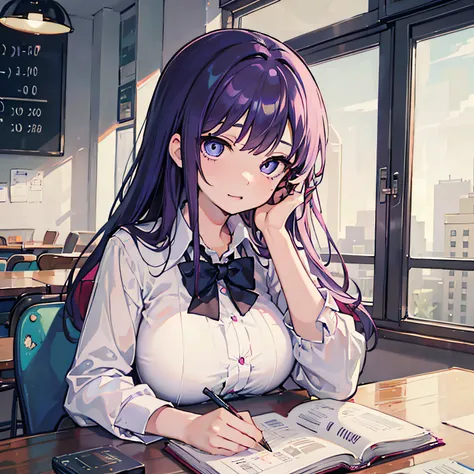 Beautiful woman　Studying　Focused face　on desk　Inside the café　By morning　发光　Morning view　Test Preparation　Pupils　Purple hair　Studying Mathematics　Colossal tits　Beautiful eyes that seem to be sucked in