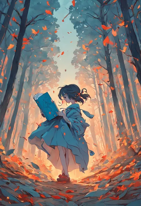 Une femme lisant un livre en marchant dans les bois. Dans le style de James Jean, Minimalisme inkpunk. Dans le style Tim Burton.