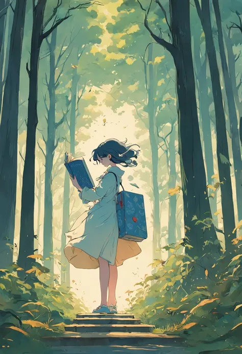 Une femme lisant un livre en marchant dans les bois. Dans le style de James Jean, Minimalisme inkpunk. Dans le style Tim Burton.