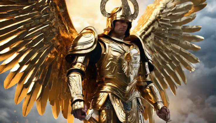 Realistic image of Archangel St. Michael with a golden armor and eyes coming out light looking forward