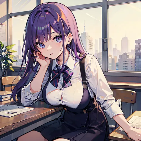 Beautiful woman　Studying　Focused face　on desk　Inside the café　By morning　发光　Morning view　Test Preparation　Pupils　Purple hair　Studying Mathematics　Colossal tits　Beautiful eyes that seem to be sucked in