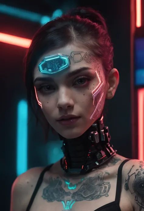 Designer de imagem "Cyberpunk & Realistic". Futuristic depiction of a perfectly tattooed woman with high-tech mechanical prosthetics. Embrace the cyberpunk aesthetic with neon lights and bright tattoos, maintaining the realistic portrayal of its features. ...