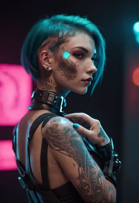 Designer de imagem "Cyberpunk & Realistic". Futuristic depiction of a perfectly tattooed woman with high-tech mechanical prosthetics. Embrace the cyberpunk aesthetic with neon lights and bright tattoos, maintaining the realistic portrayal of its features. ...