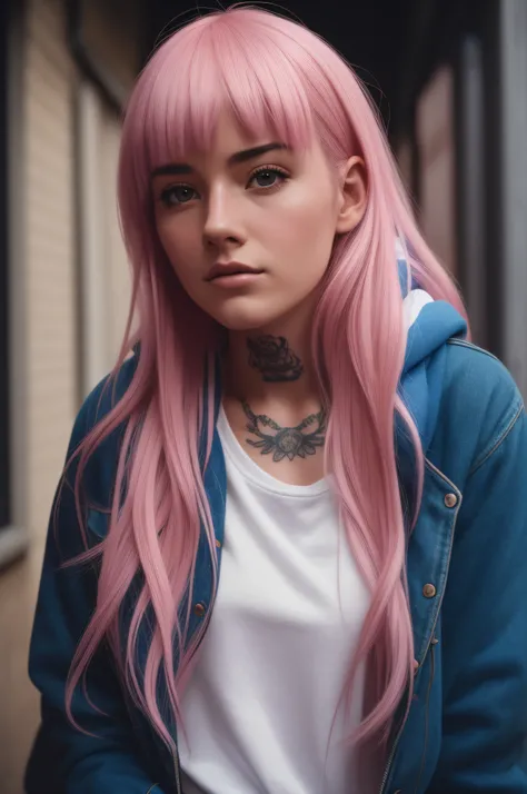 (close-up editorial photo of 20 yo woman, wearing hoodie, looking at viewer, pink hair, solo, tattoo on face, upper body, detailed background, town, alley) (standing:1.2) (dim lit room:1.4)  POV, by lee jeffries, nikon d850, film stock photograph ,4 kodak ...