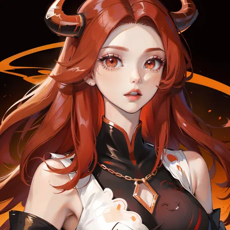 Woman with horns red hair orange eyes and black horns , background mediv