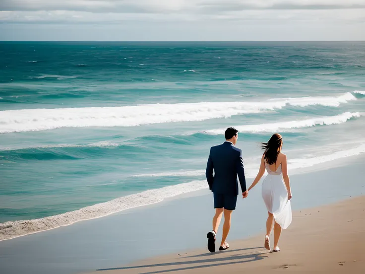 A woman and a man walk along the ocean