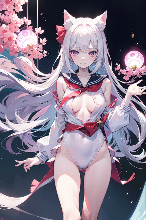 Fang, Silver hair, Heart-shaped pupils, Cat ears, grin, Glowing light, filmgrain, 8K, Super detail, ccurate, Best quality, 1080p, hyper HD, 8K animal ears，Be red in the face，schoolgirls，White sailor suit blue collar，weeping，Fall down，cat ear，A pink-haired，...