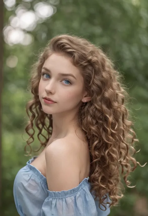 "Full body portrait of a charming 18 year old women with curly hair, petite figure, beautiful face, captivating blue eyes, and modest bust size, showcasing her natural beauty."