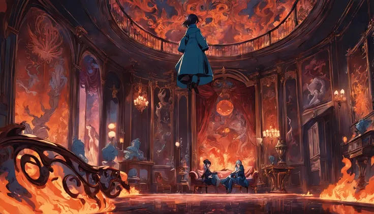 Background. Masterpiece. Large living room with a large lit fireplace. Style victorien. Dans le style de James Jean. Dans le style Tim Burton. Neogothique.