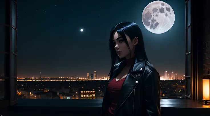 there is a woman standing in front of a window looking at the moon, jet black haired cyberpunk girl, urban fantasy style, alena aenami and artgerm, ross tran 8 k, stylized urban fantasy artwork, in the style of ross tran, seductive tifa lockhart portrait, ...