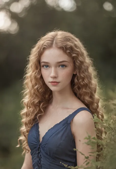 "Full body portrait of a charming 18 year old women with curly hay coloured hair, small freckles, petite figure, beautiful face, captivating dark blue eyes, and modest bust size, showcasing her natural beauty."