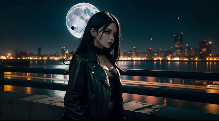 women vampire with black hair, young, night, full moon, modern city