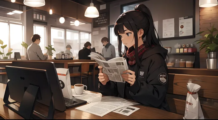 she reads a newspaper in a coffee shop