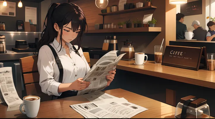 she reads a newspaper in a coffee shop