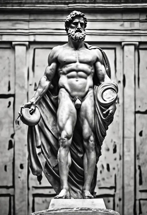 Greek muscle philosopher man statue, ultra detalhado, Breaking statues, Gym pose, preto e branco, cinematic movie photograph, foco nítido, filmagem de cinema, cena de cinema, altamente detalhado, epics, dramatic lighting, Zoom do lado esquerdo, closeup bac...