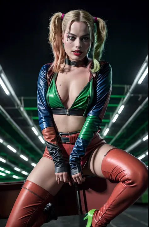 margot robbie as harley quinn, full leather outfit, futuristic warehouse filled with neon red and green background, superrealist...