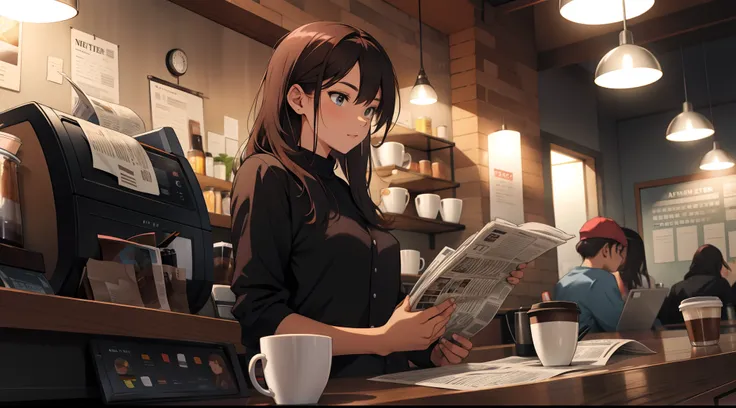 she reads a newspaper in a coffee shop