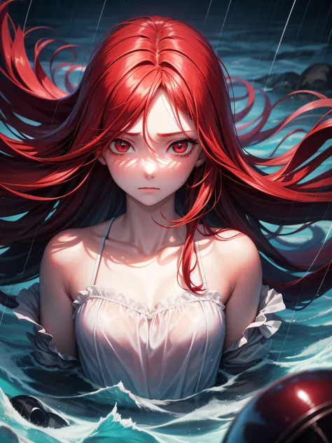 1girl ,alone ,rainy weather ,floating on sea ,long red hair ,red eyes ,with a face that feels nothing ,bored and overwhelmed by everything ,dark weather ,13 years old girl