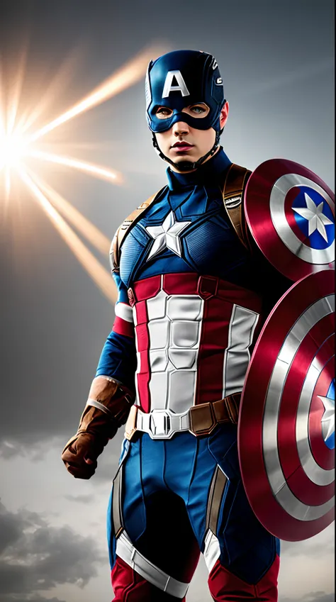 modelshoot estilo, muscular,  dressed as Captain America, wearing a cap , detalhes intrincados, lens flare, intrincado rosto detalhado, 4k, 8k, hdr