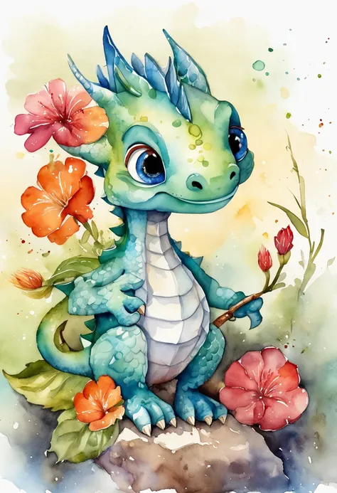 1 cute little dragon, cartoon, watercolor, white background