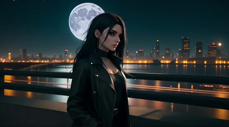 there is a woman standing on a bridge with a full moon in the background, urban fantasy style, seductive cyberpunk dark fantasy, jet black haired cyberpunk girl, dreamy cyberpunk girl, gothic city streets behind her, beautiful cyberpunk woman model, female...