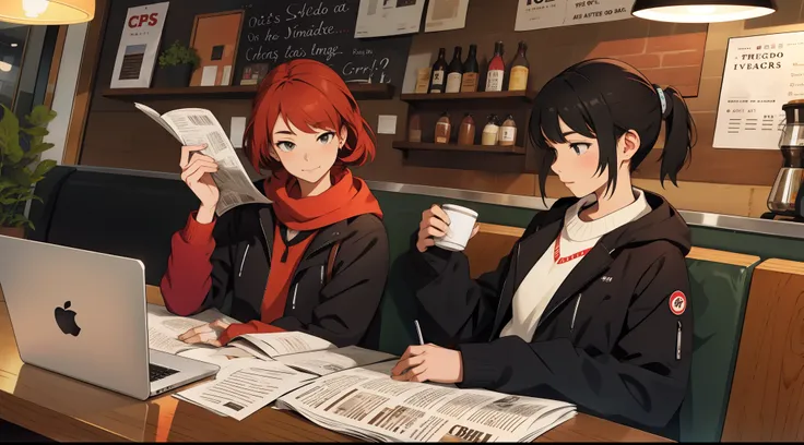 she reads a newspaper in a coffee shop