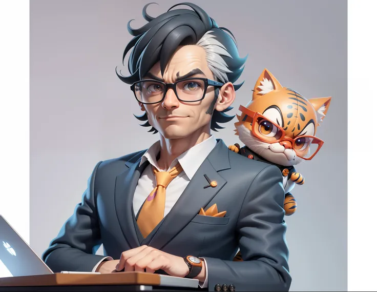 A young man in a suit, Short hair and glasses sat at his desk，holding laptop，digitial painting，tigre，3D character design by Mark Clairen and Pixar and Hayao Miyazaki and Akira Toriyama，4K HD illustration，Very detailed facial features and cartoon-style visu...