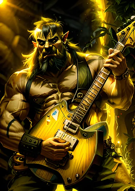 yellow orc bearded and muscular guitarist gigachad playing heavy metal