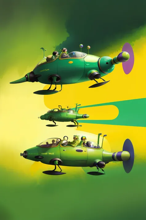 The beetles on a green submarine, beetles, Beatles, chaos, concept art, 4k, in the style of peter max