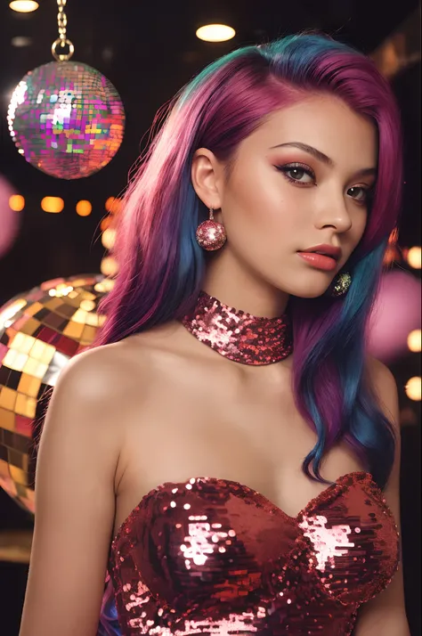 (a closeup of a, Editorial photo of a 21-year-old woman with colored hair), (Highly detailed face:1.4)(Fashionable haircut)(Dolce sequin sequin evening dress&gabana) (Smile:0.7) (The background inside is a luxury, Elite nightclub, Neon, Disco Ball, private...