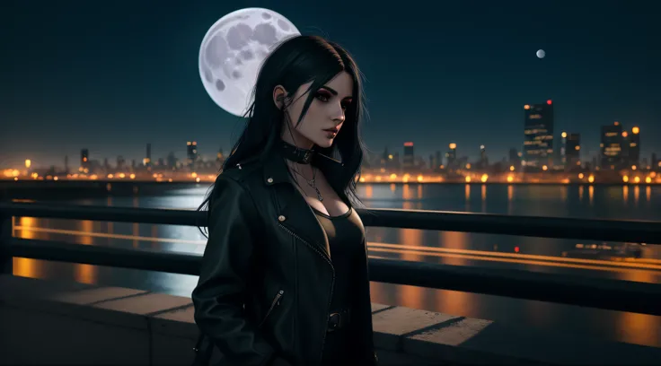 there is a woman standing on a bridge with a full moon in the background, urban fantasy style, seductive cyberpunk dark fantasy, jet black haired cyberpunk girl, dreamy cyberpunk girl, gothic city streets behind her, beautiful cyberpunk woman model, female...