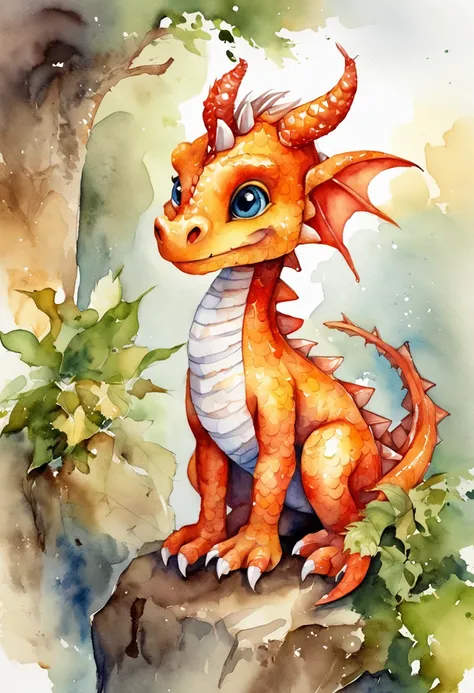 1 cute little dragon, cartoon, watercolor, white background