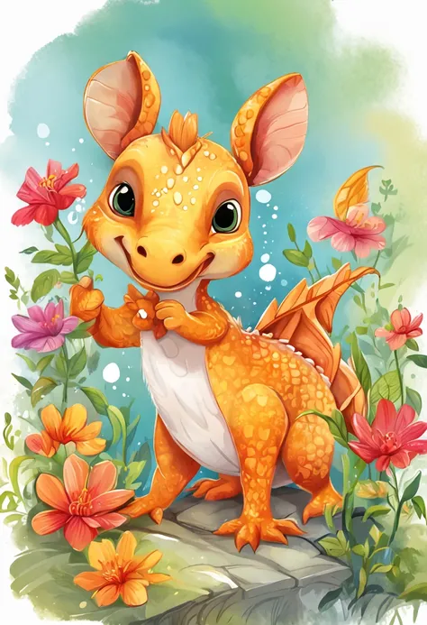 Cartoon cute little dragon, character design, sticker design, painting digital adorable, arte digital detalhada bonito, colorful kids book illustration, bela arte digital, abelha maia, illustration of childrens books, illustration of childrens books, (abel...