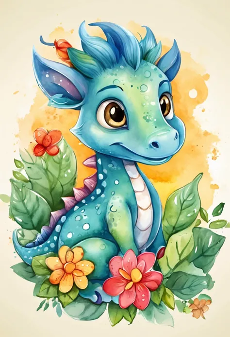 Cartoon cute little dragon, character design, sticker design, painting digital adorable, arte digital detalhada bonito, colorful kids book illustration, bela arte digital, abelha maia, illustration of childrens books, illustration of childrens books, (abel...