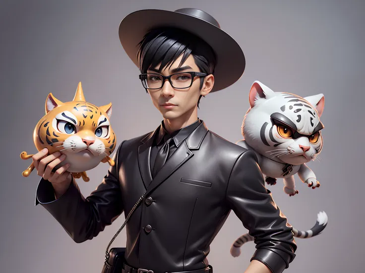 Young man with oriental face in leather hat, tiger, oriental face in formal suit, short black hair, silver glasses, digital painting, 3D character design by Mark Clairedon and Pixar and Hayao Miyazaki and Akira Toriyama, the illustration is a high-definiti...