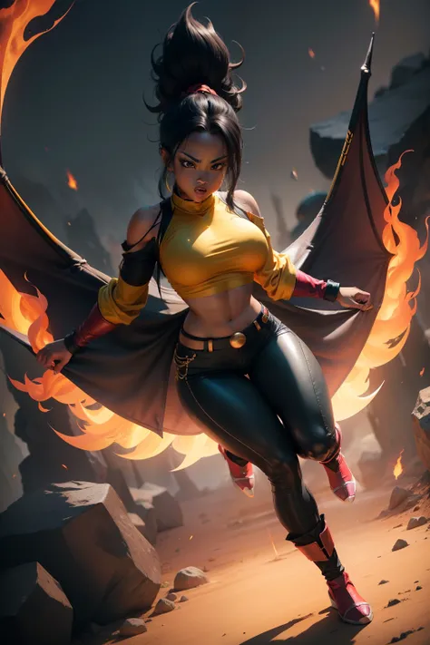 1 black female dragon ball z fire and dragon, going super saiyan full body photo, fully dressed black pants