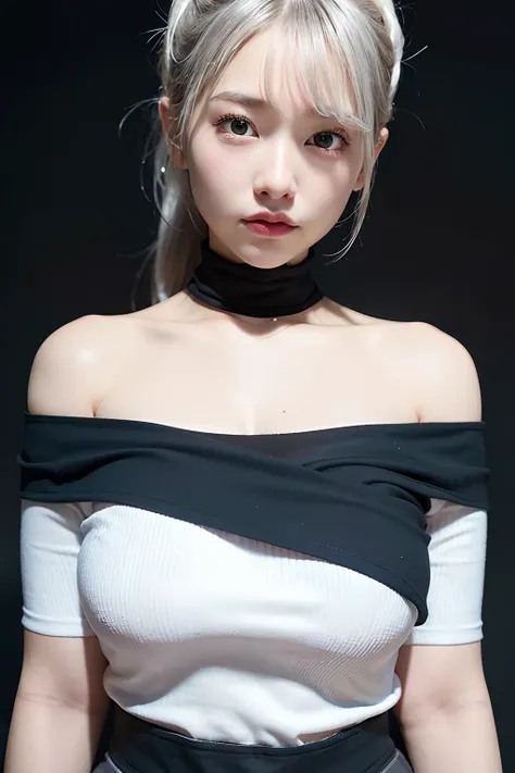 Top quality, ultra high resolution, (photorealistic: 1.4), one girl, off-the-shoulder white shirt, black tight skirt, (faded ash-gray hair: 1), (huge breasts: 1.2), look viewer, close-up,