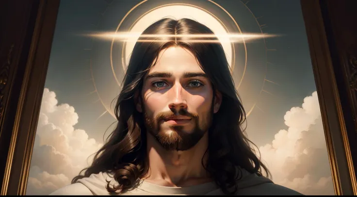 A painting of Jesus with a halo in heaven, Jesus Christ, Smiling in heaven, Portrait of Jesus Christ, Face of Jesus, Young God Almighty, Portrait of a Heavenly God, Greg Olsen, Jesus Gigachad, Jesus of Nazareth, Jesus, The face of God, God looking at me