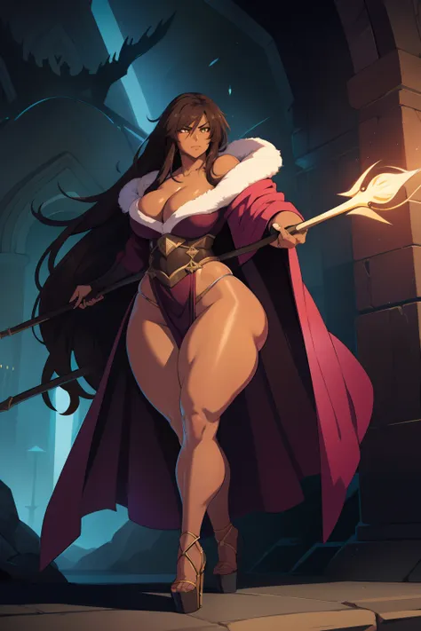 1 girl, majestic robe, glowing eyes, very long hair, dark brown skin, toned legs, wide hips, wielding staff, wearing heels