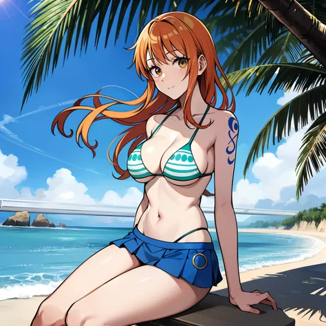 Nami von one peace, original Gesicht von Namit von one peace, am Strand. Sitzt lachend auf einem Stein, im Hintergrund ist das Meer, die Haare werden vom wind verweht, she wears only a bikini top and a short skirt,