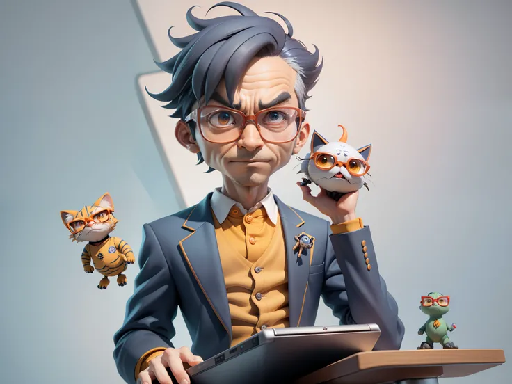 A young man in a suit, Short hair and glasses sat at his desk，holding laptop，digitial painting，tigre，3D character design by Mark Clairen and Pixar and Hayao Miyazaki and Akira Toriyama，4K HD illustration，Very detailed facial features and cartoon-style visu...