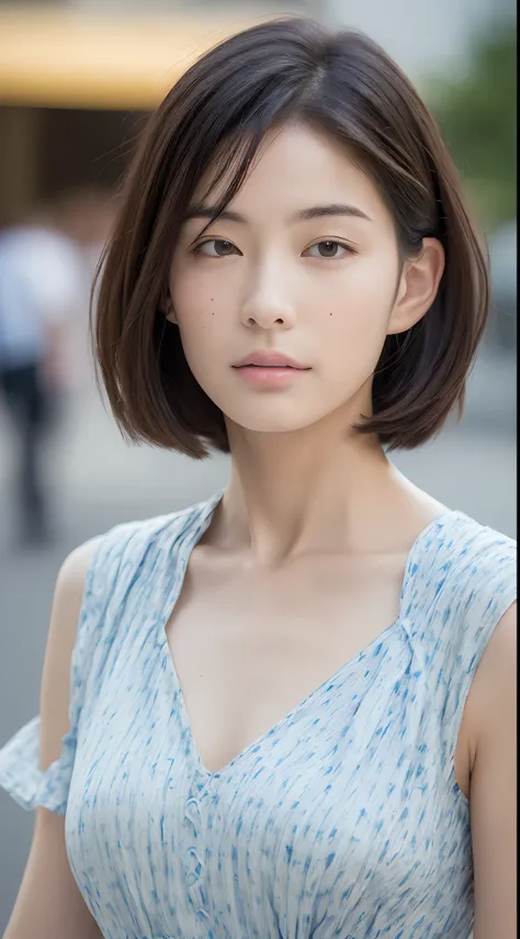 ((Best Quality, 8K, masutepiece :1.3)), Sharp Focus :1.2, Perfect Body Beauty:1.4, Slim abs:1.2, (Short layered hair:1.2)), (Summer dress, Shirt:1.1 ), (Street:1.2), Highly detailed face and skin texture, Fine eyes, Double eyelids, Raised head slightly,Hai...