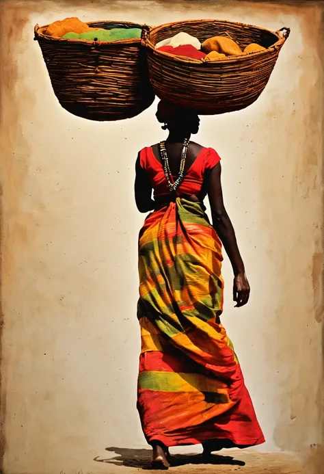 women carrying baskets from the market, silhouette, Heterogeneous skin tone, hirozon，African Women，Cultural art, sunset, 8K, Full body like，Best quality, Masterpiece, Super detail, High details, High quality, Best quality, A high resolution，realistic