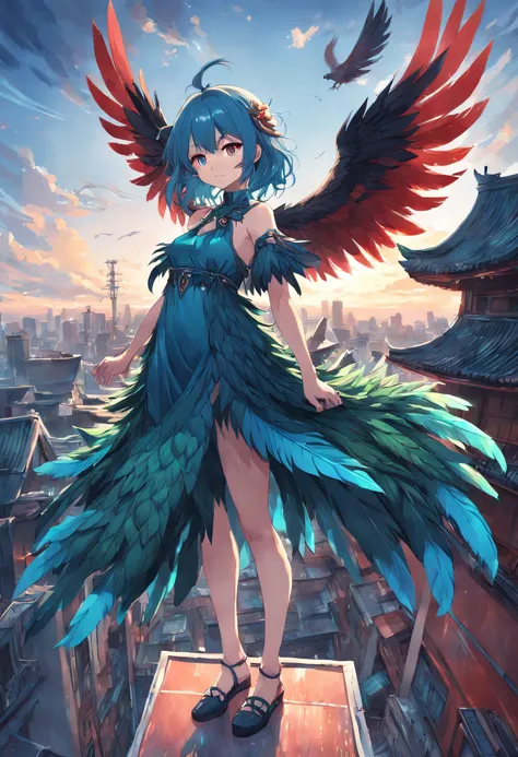 Anime - style image of woman in blue and red and green feather dress、Standing on the roof、Garuda、Bird incarnation、high quality detailed art in 8k、High Detail Official Artwork、TRENDS ON THE ART STATION PIXIV、Guweiz on the Pixiv art station、GWISE AT THE ART ...