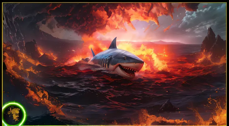 Shark in the ocean with flames coming out of it, Directed by: Ignacio Zuloaga, A shark, Directed by: John La Gatta, Megalodon, Directed by: Rudolph Belarski, Oceano de lona pegando fogo, Shark, papel de parede do pc, 4 k papel de parede hd muito detalhado,...