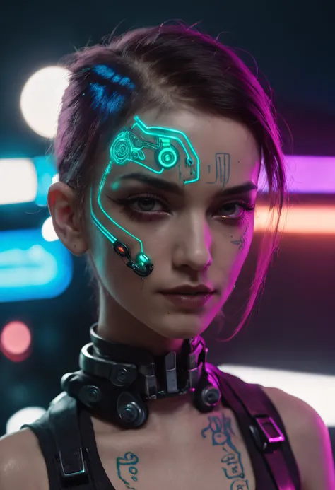 Designer de imagem "Cyberpunk & Realistic". Futuristic depiction of a perfectly tattooed woman with high-tech mechanical prosthetics. Embrace the cyberpunk aesthetic with neon lights and bright tattoos, maintaining the realistic portrayal of its features. ...