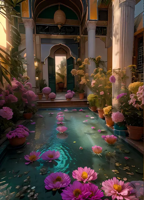 Roses, Rayons du soleil, Masterpiece, Best quality, ultra highres, .RAW, ((Riad)), Fontaine du Riad, marrakech, Bougeoirs marocains, Palmiers, opalescent, (Photoluminescence lights), Gemmes, ((bright flowers)), clair, Photo .Cinematic RAW, Hyper real photo...